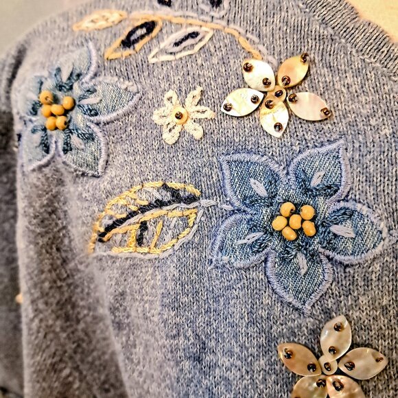 Vintage Alfred Duner Beaded Embroidered Blue Short Sleeve Sweater Size L - Picture 3 of 11